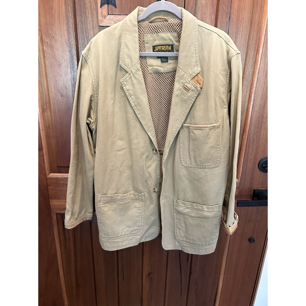 Vtg Sierra Trading Post Khaki Jacket M Leather Elbow & Chin Strap Sports Coat
